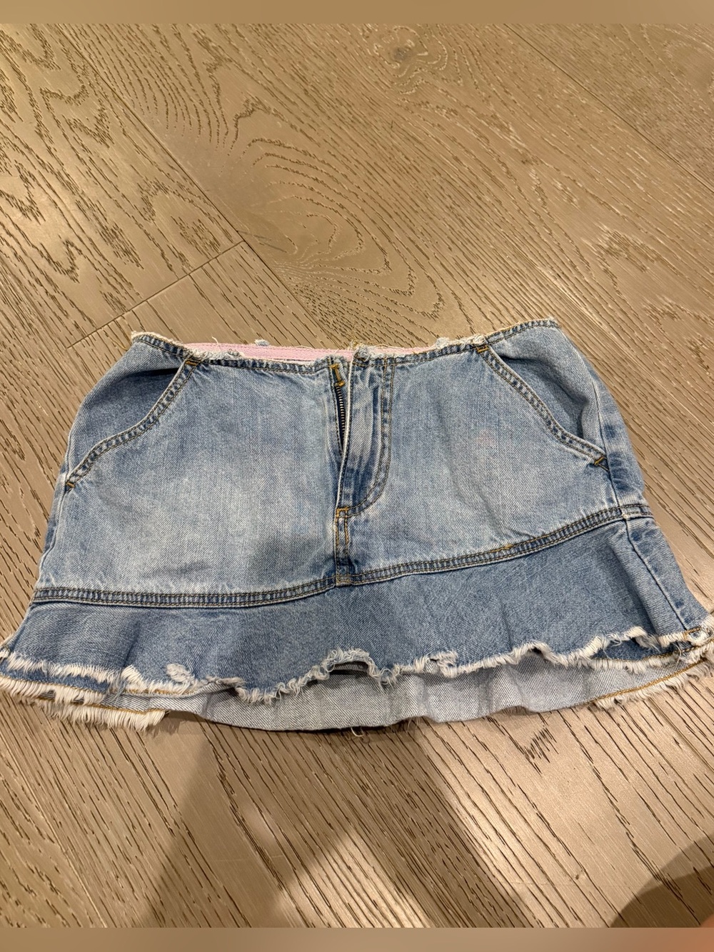 BDG Light Blue Denim Mini Skirt with Frayed Ruffle Hem